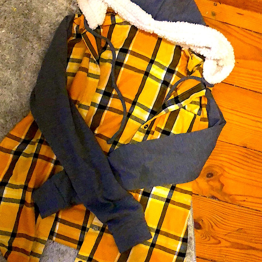 Yellow Button Up Hoodie, With Fur Inside Of Hood